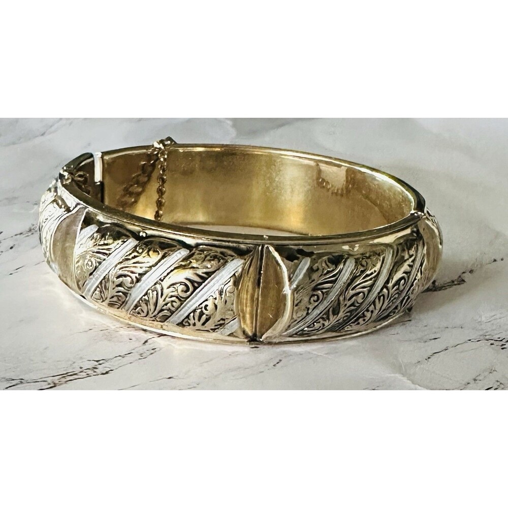Vintage Gold Tone Hinged Bangle Bracelet Safety Chain Two-Tone Etched Scroll